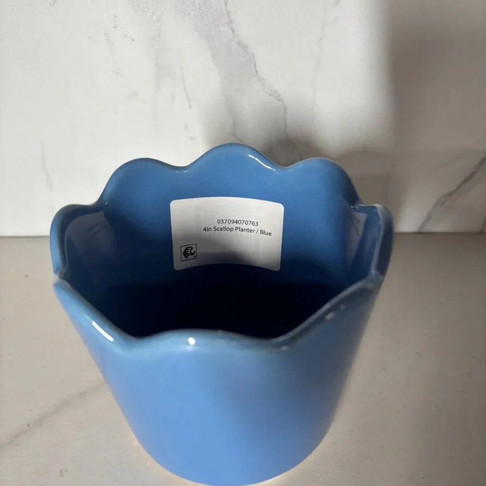 Mainstays Scallop Ceramic Planter‎ Blue Pot – 4 Inch